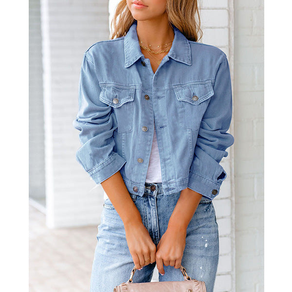 cotton blend solid denim jacket long sleeve top Image 4