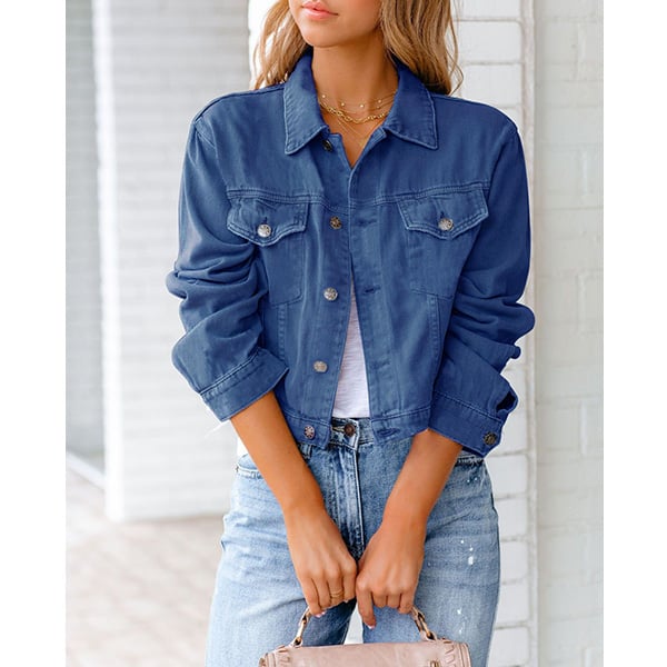 cotton blend solid denim jacket long sleeve top Image 1