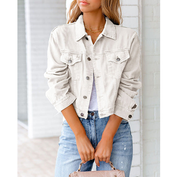 cotton blend solid denim jacket long sleeve top Image 6