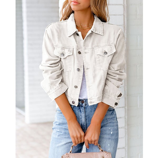 cotton blend solid denim jacket long sleeve top Image 1