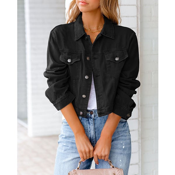 cotton blend solid denim jacket long sleeve top Image 1