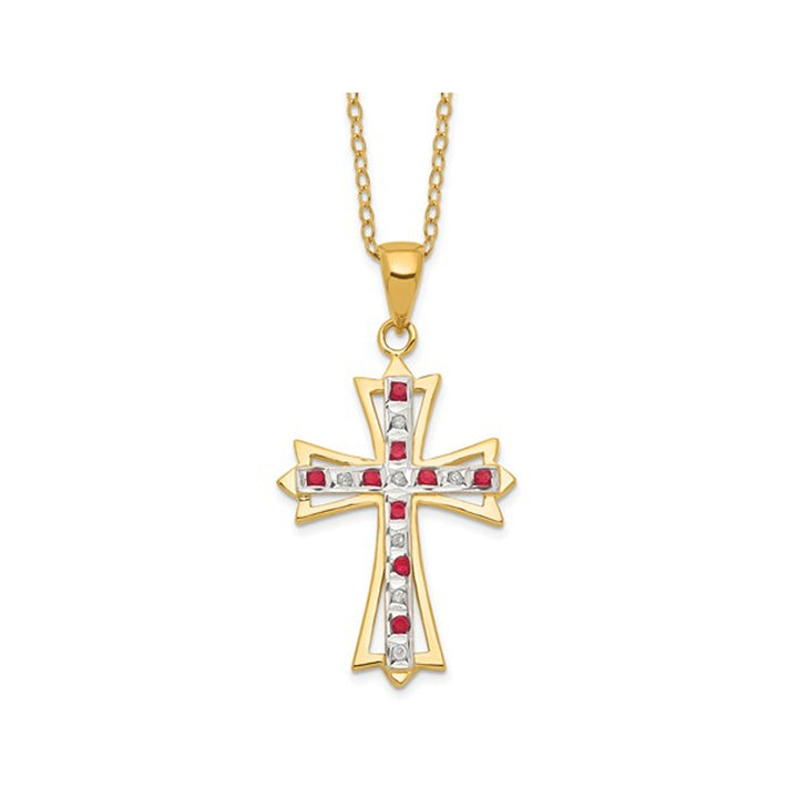 Red Ruby Cross Pendant Necklace in Sterling Silver and 14K Yellow Gold Plating Image 1