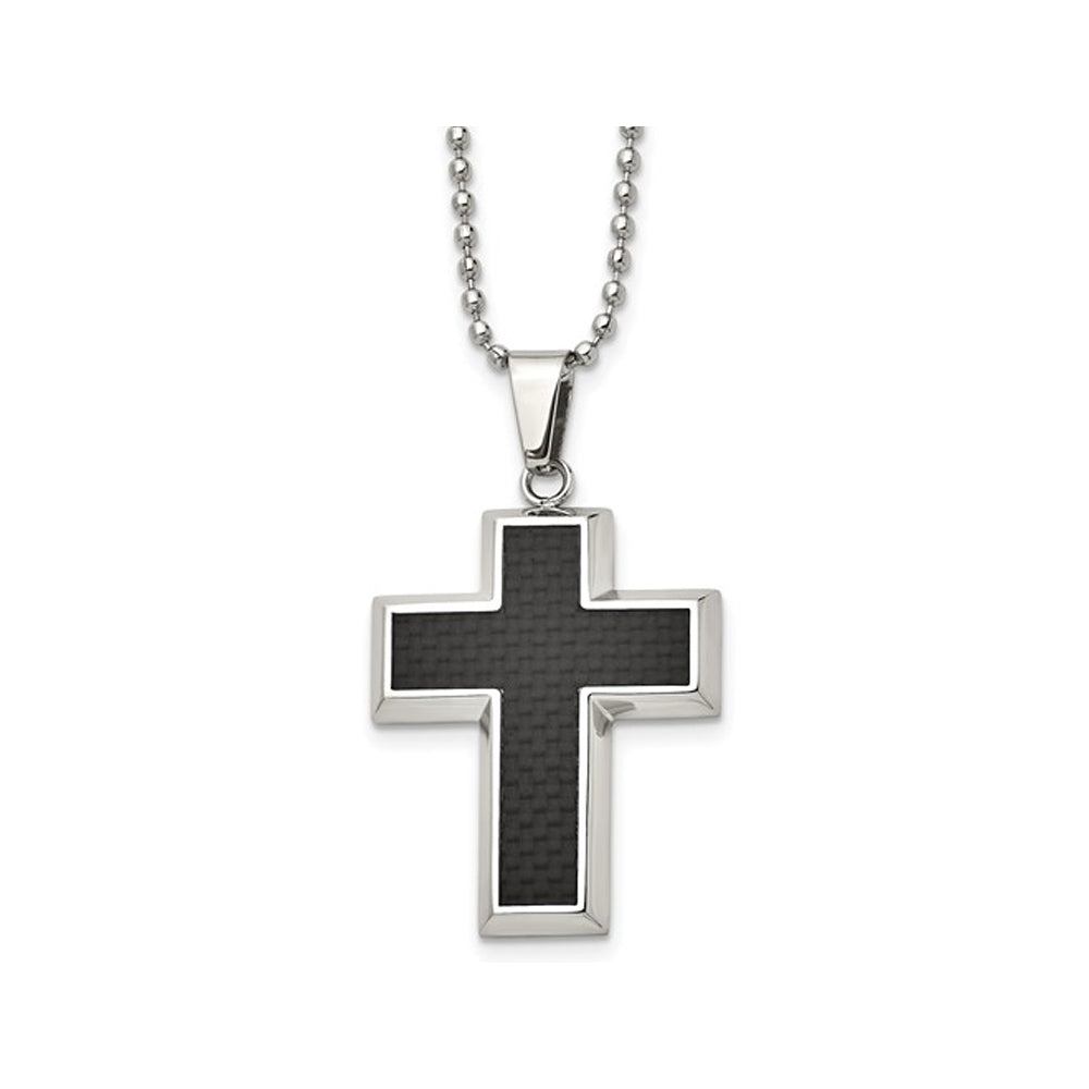 Mens Chisel Black Carbon Fiber Cross Pendant Necklace in Stainless Steel with Chain Image 1