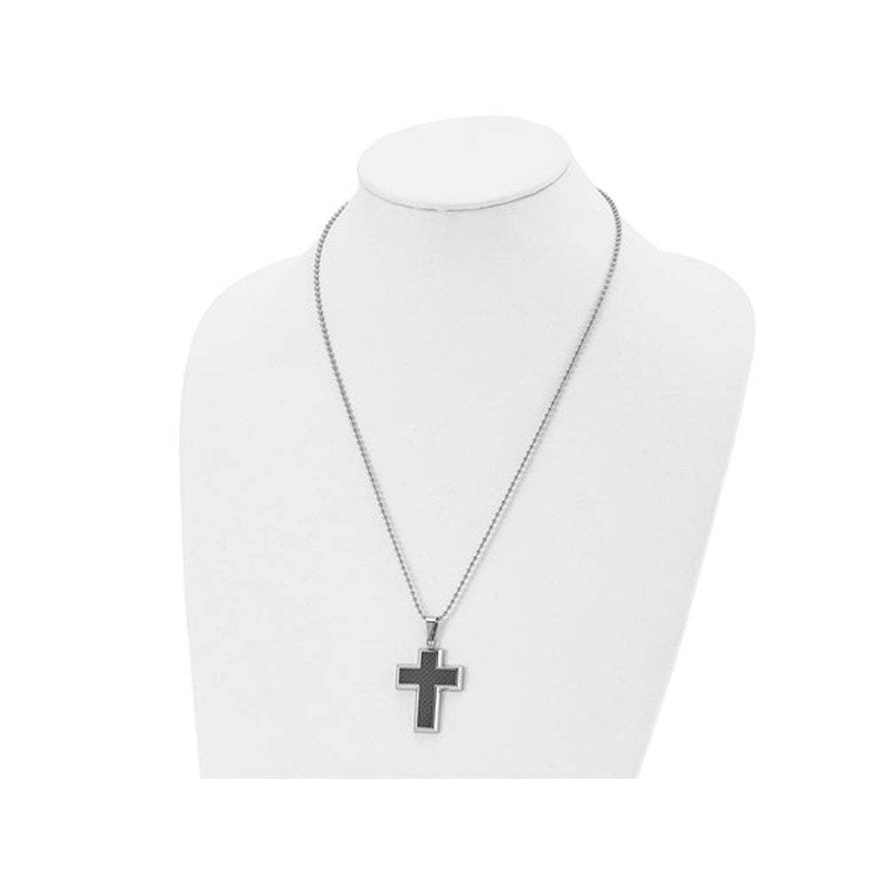 Mens Chisel Black Carbon Fiber Cross Pendant Necklace in Stainless Steel with Chain Image 2