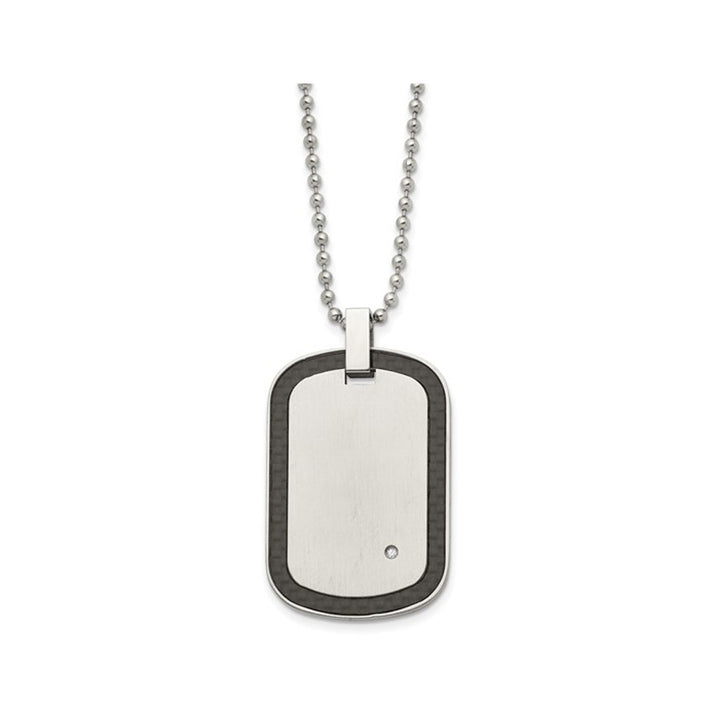 Mens Black Carbon Fiber DogTag Pendant Necklace in Stainless Steel with Diamond Accent and Chain Image 1