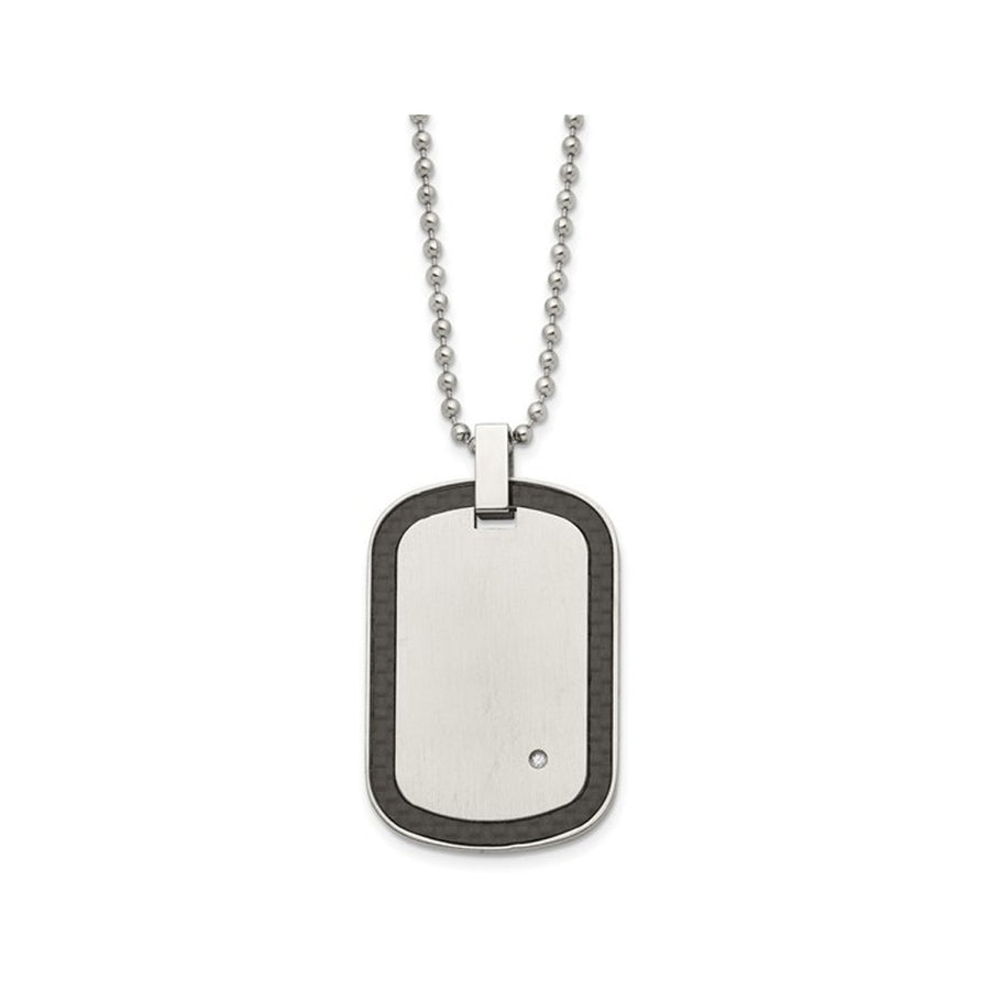 Mens Black Carbon Fiber DogTag Pendant Necklace in Stainless Steel with Diamond Accent and Chain Image 1