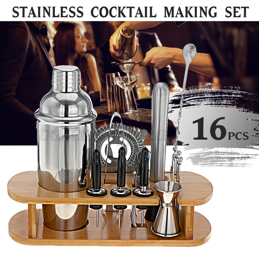 16Pc Bartender Kit Cocktail Shaker Bar Set Stainless Steel Tools W/ Wood holder Image 1