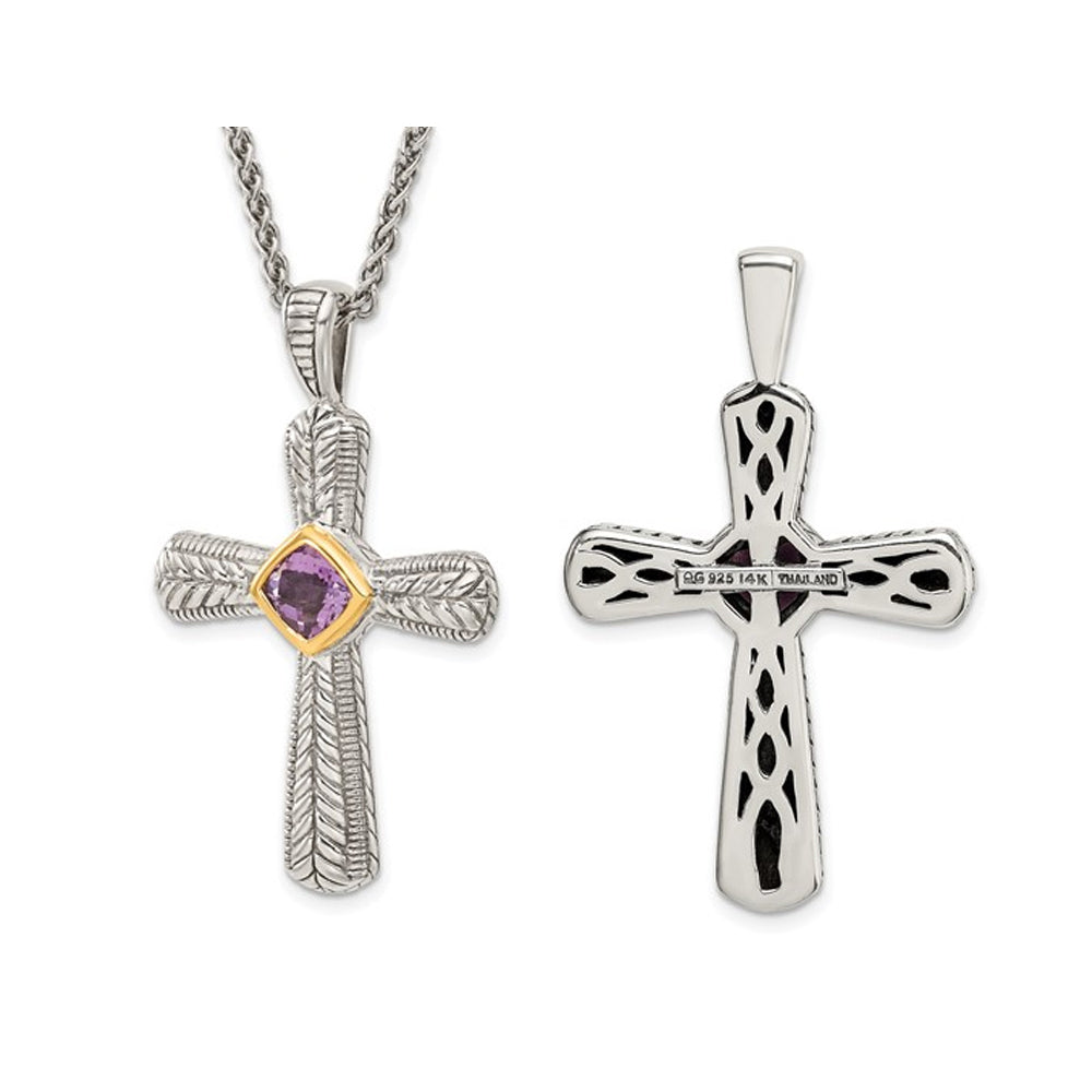 2/3 Carats (ctw) Natural Amethyst Cross Pendant Necklace in Sterling Silver with 14K Gold Accents and Chain Image 3