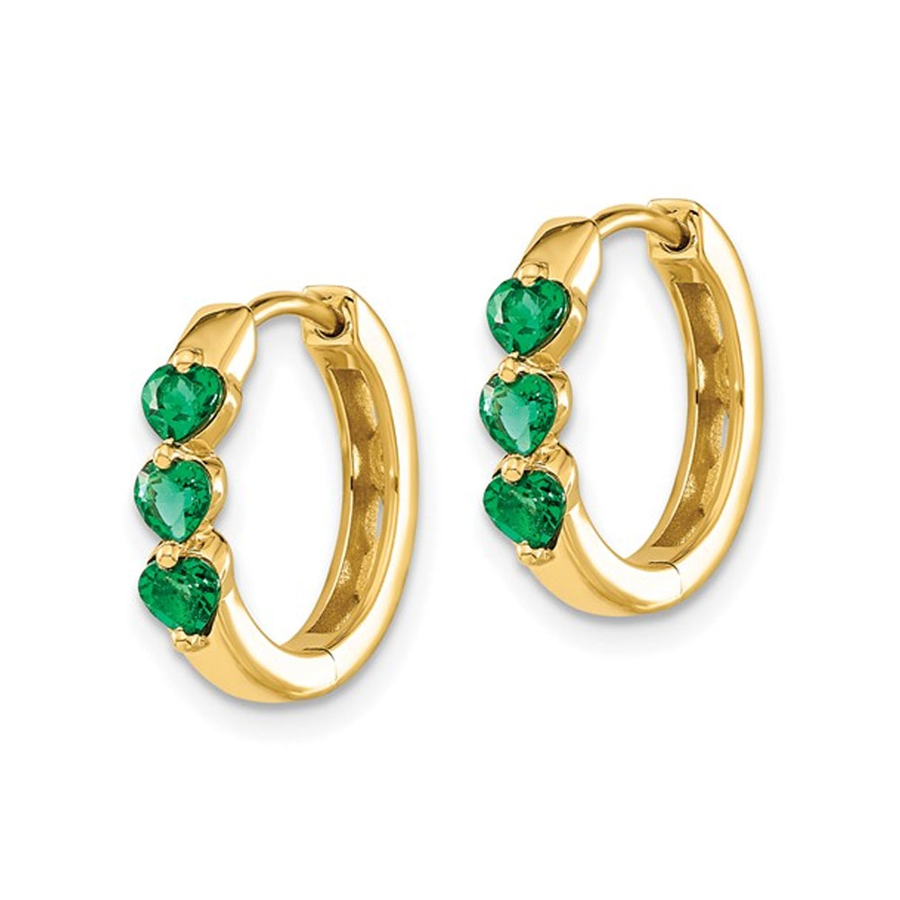 4/5 Carat (ctw) Lab-Created Emerald Heart Hoop Earrings in 14K Yellow Gold Image 4