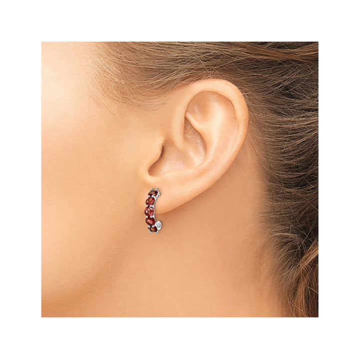 Sterling Silver Rhodium Plated Garnet J-Hoop Earrings Image 4