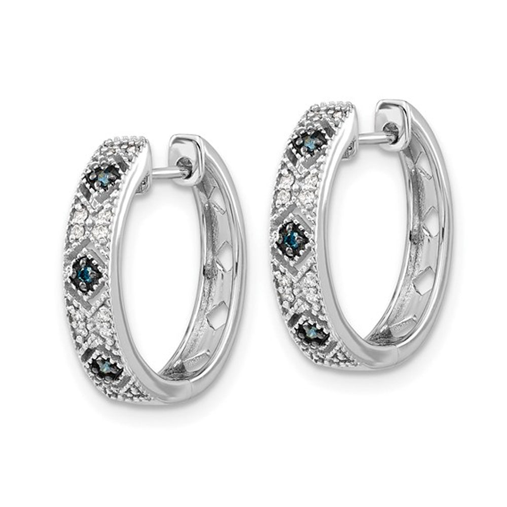 1/10 Carat (ctw) Enhanced Blue and White Diamond Huggie Hoop Earrings in 14K White Gold Image 3