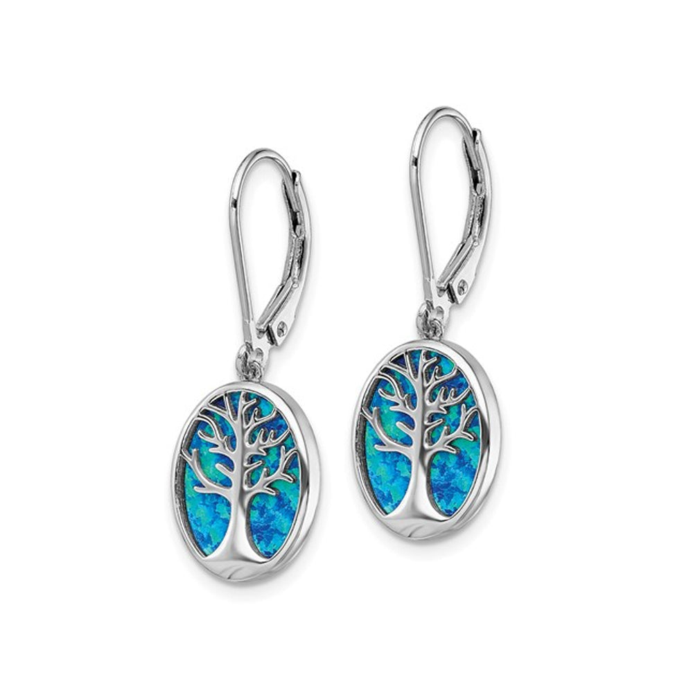 Synthetic Blue Opal Tree of Life Leverback Earrings in Sterling Silver Image 2