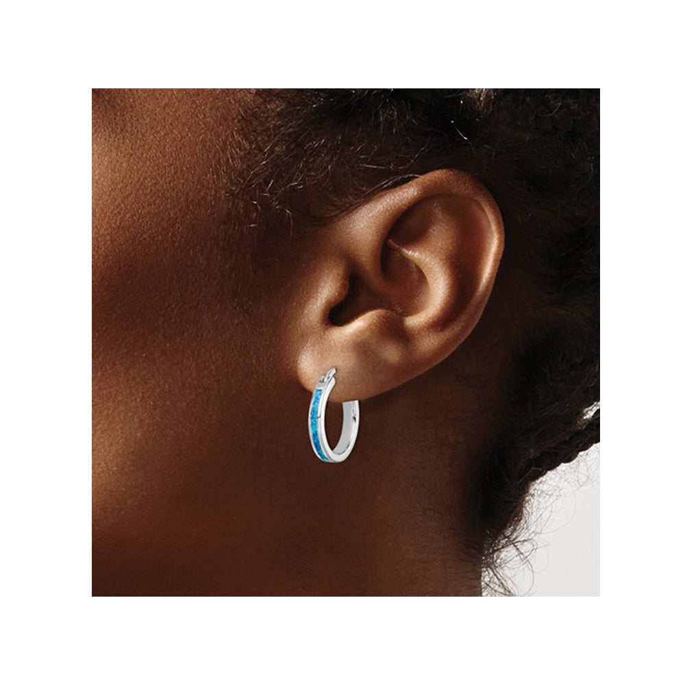 Synthetic Blue Opal Inlay Hoop Earrings in Sterling Silver Image 3