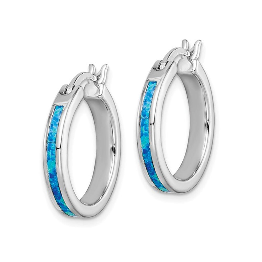 Synthetic Blue Opal Inlay Hoop Earrings in Sterling Silver Image 4