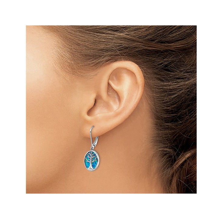 Synthetic Blue Opal Tree of Life Leverback Earrings in Sterling Silver Image 3