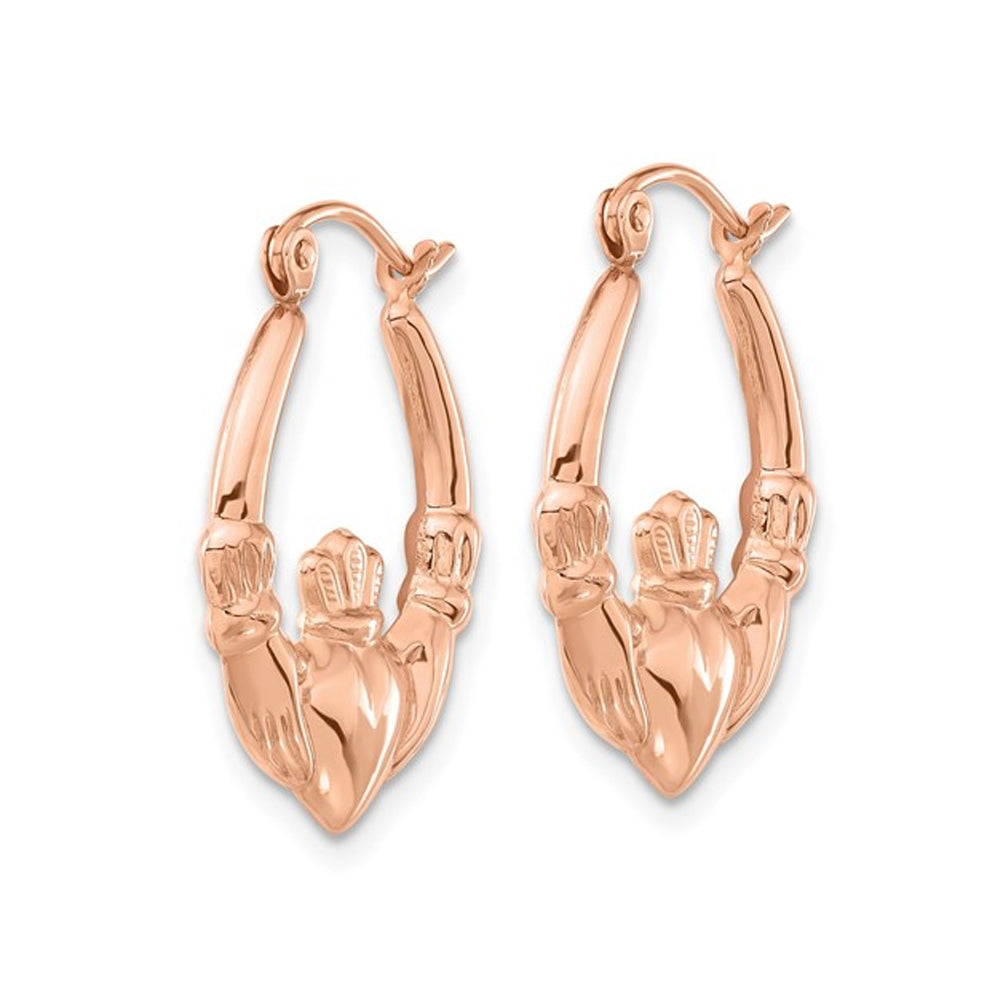 14K Rose Pink Gold Polished Claddagh Hoop Earrings Image 4