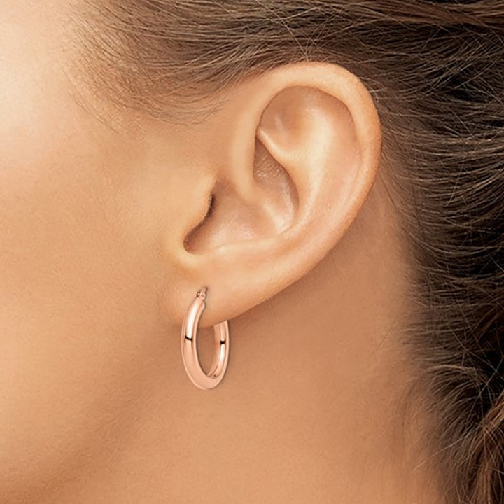 14K Rose Pink Gold Polished Hoop Earrings (3mm) Image 4