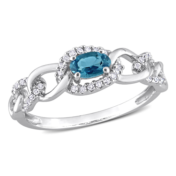 1/3 Carat (ctw) London Blue Topaz Link Ring in 10K White Gold with Diamonds Image 1