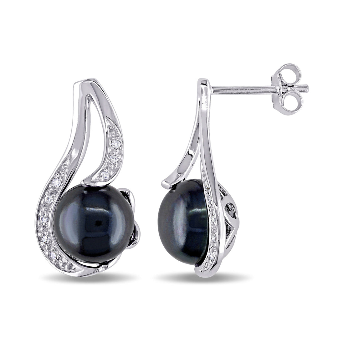 9-9.5mm Freshwater Cultured Black Pearl Earrings in Sterling Silver Image 1