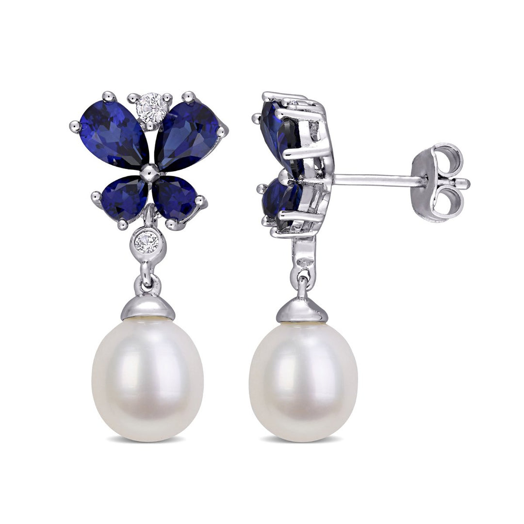 8-8.5mm Cultured Freshwater Pearl and Lab-Created Blue and White Drop Sapphire Earrings in Sterling Silver Image 1