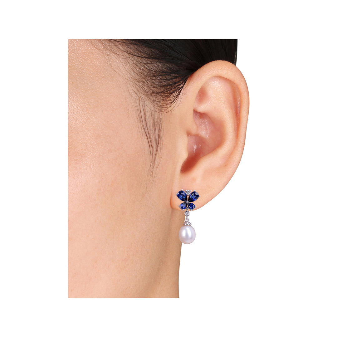 8-8.5mm Cultured Freshwater Pearl and Lab-Created Blue and White Drop Sapphire Earrings in Sterling Silver Image 3