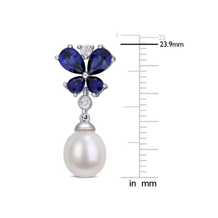 8-8.5mm Cultured Freshwater Pearl and Lab-Created Blue and White Drop Sapphire Earrings in Sterling Silver Image 4