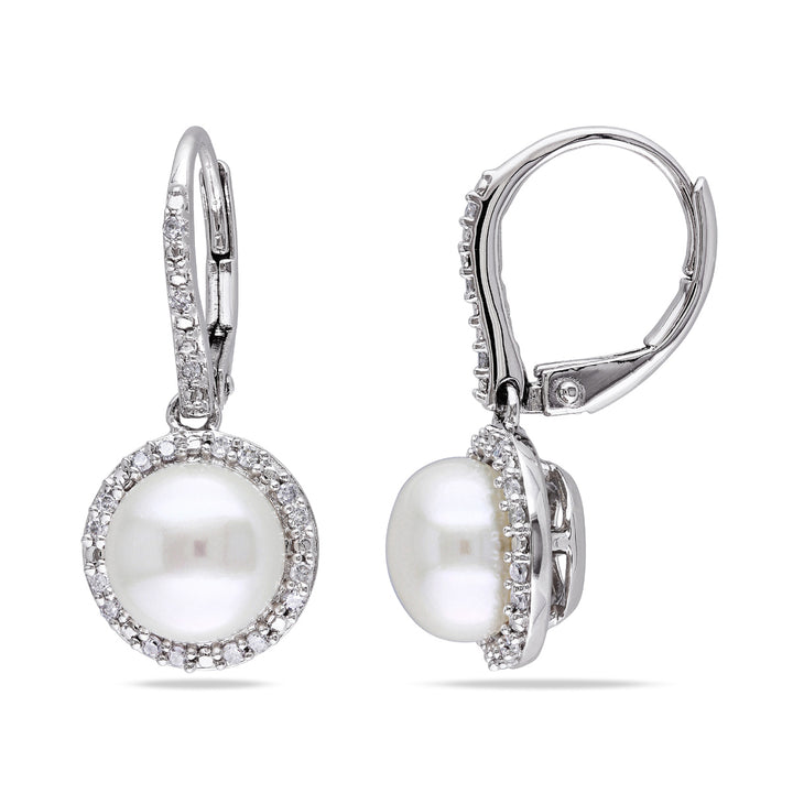 White Freshwater Cultured Pearl 8mm Drop Earrings with Diamonds in Sterling Silver Image 1