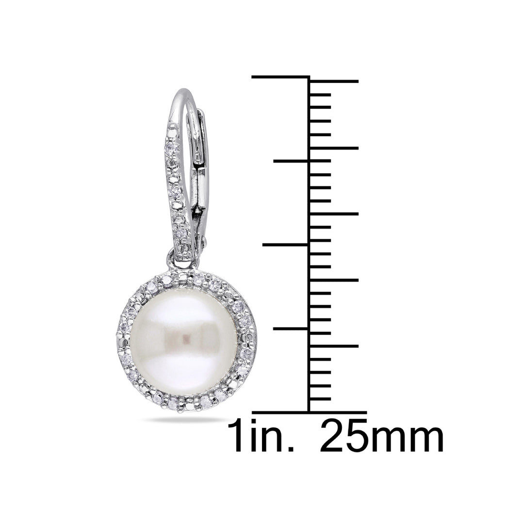 White Freshwater Cultured Pearl 8mm Drop Earrings with Diamonds in Sterling Silver Image 3