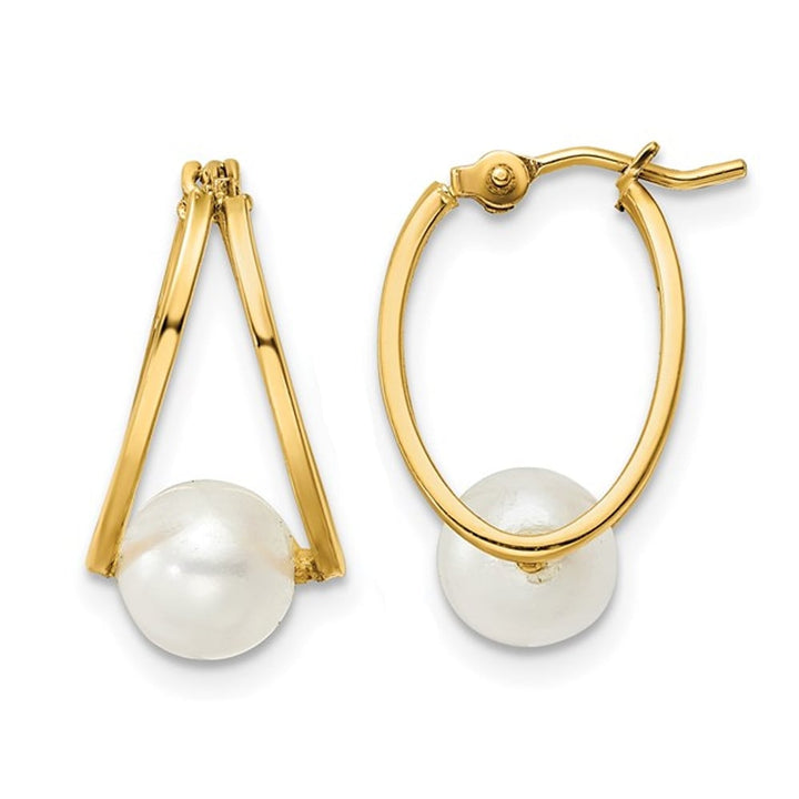 14K Yellow Gold Freshwater Cultured White Pearl Hoop Earrings Image 1