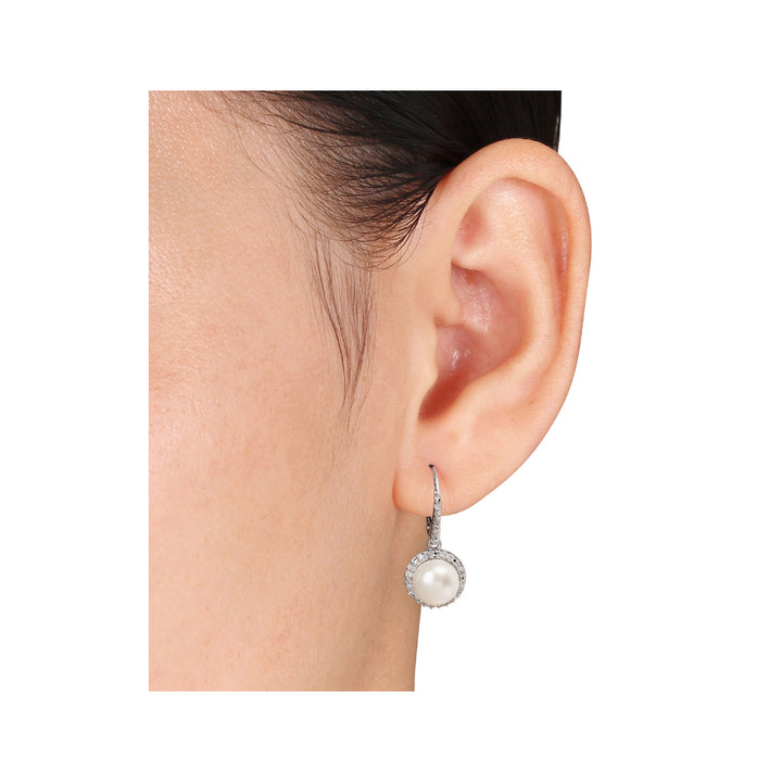 White Freshwater Cultured Pearl 8mm Drop Earrings with Diamonds in Sterling Silver Image 4