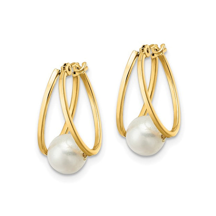 14K Yellow Gold Freshwater Cultured White Pearl Hoop Earrings Image 3