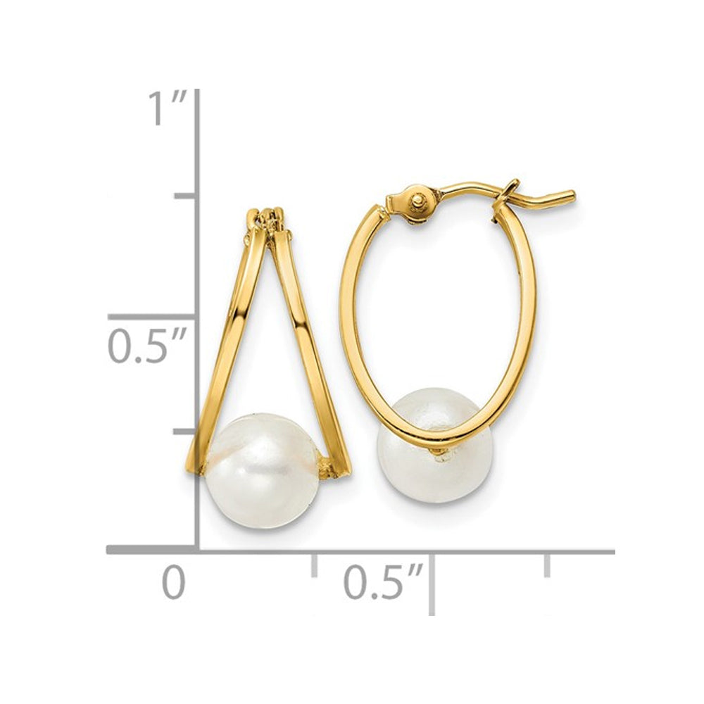 14K Yellow Gold Freshwater Cultured White Pearl Hoop Earrings Image 4