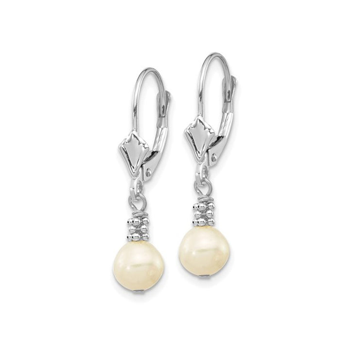 14K White Gold White Freshwater Cultured Pearl (5-6mm) Dangle Leverback Earrings Image 4