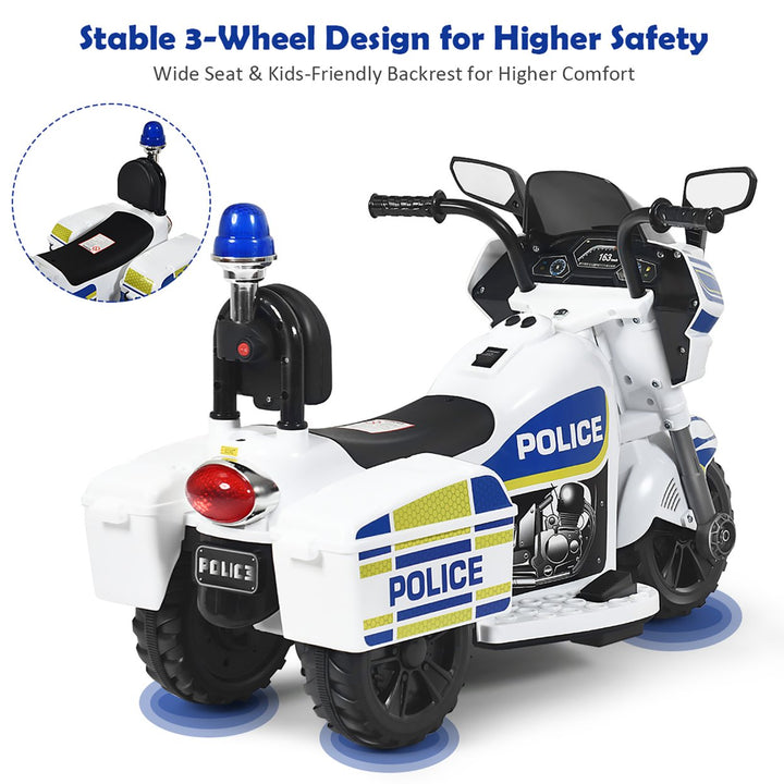 6V Kids Ride On Police Motorcycle Trike 3-Wheel w/ Headlight and Flashing SirenWhite Image 7