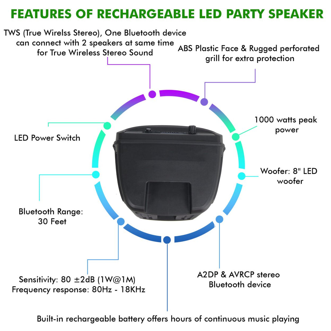Technical Pro 8" Portable 800 W Bluetooth Speaker w/ Woofer and Tweeter and UHF Wireless Handheld Microphone w/ USB Image 7