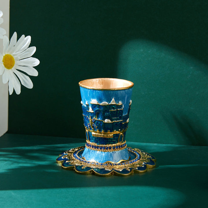 Matashi Hand-Painted Enamel Kiddush Cup Set w Tray w Crystals and Jerusalem Cityscape Design for Shabbat Goblet Judaica Image 4