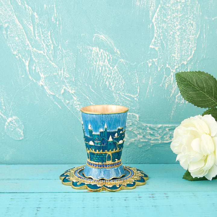 Matashi Hand-Painted Enamel Kiddush Cup Set w Tray w Crystals and Jerusalem Cityscape Design for Shabbat Goblet Judaica Image 6