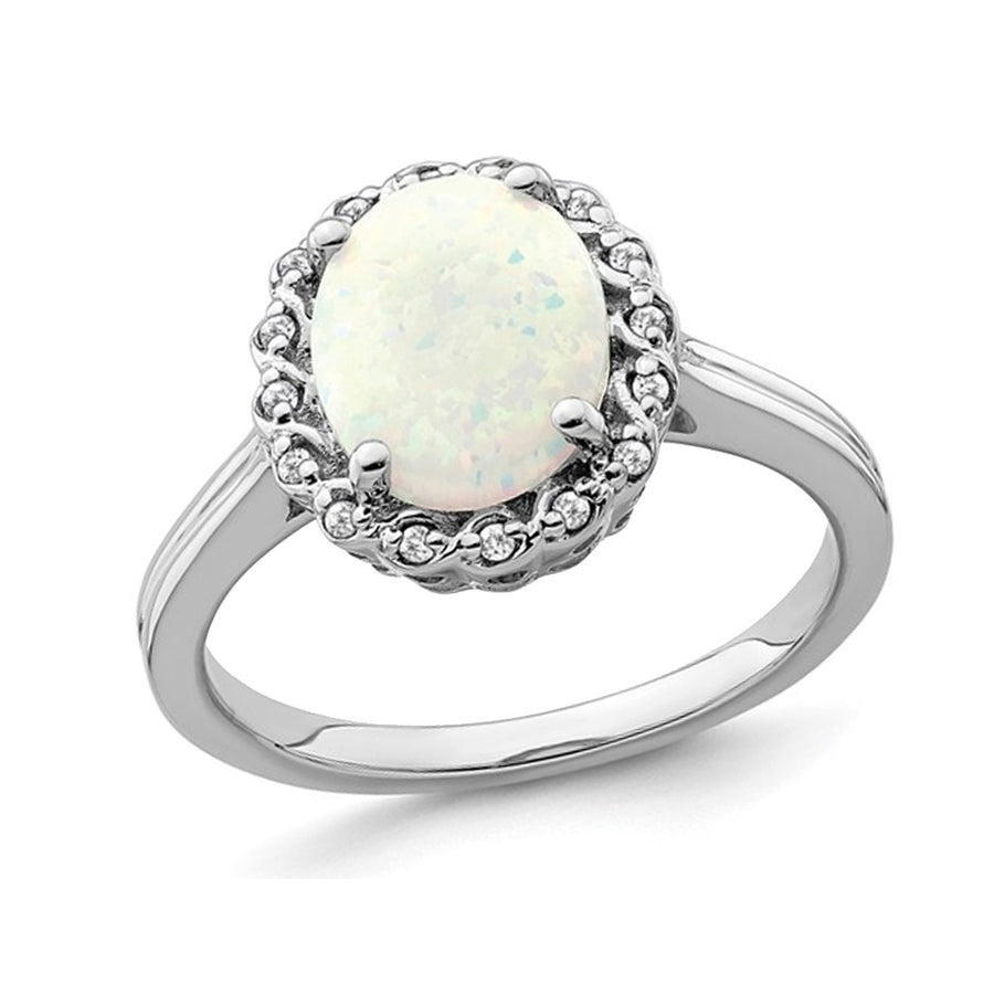 3.00 Carat (ctw) Lab-Created Opal Ring in 14K White Gold with Accent Diamonds Image 1