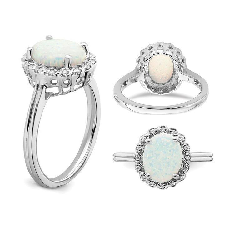 3.00 Carat (ctw) Lab-Created Opal Ring in 14K White Gold with Accent Diamonds Image 3