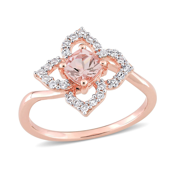 4/5 Carat (ctw) Morganite and White Topaz Flower Ring in Rose Plated Sterling Silver Image 1