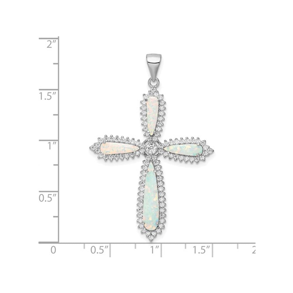 Large Lab-Created Opal Cross Pendant Necklace in Sterling Silver with Cubic Zirconia (CZ)s and Chain Image 2