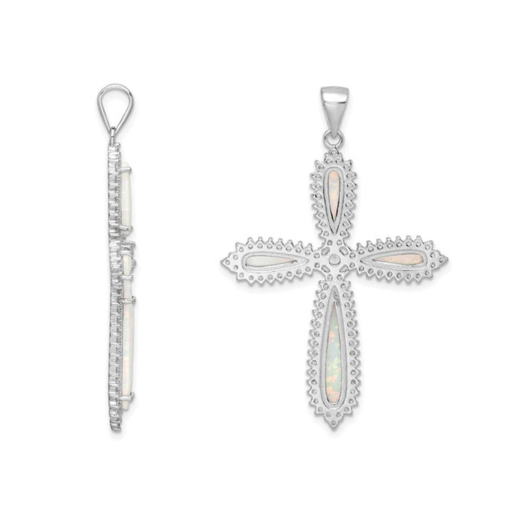 Large Lab-Created Opal Cross Pendant Necklace in Sterling Silver with Cubic Zirconia (CZ)s and Chain Image 3