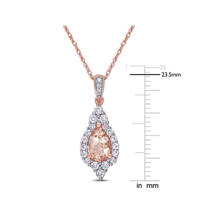1.10 Carat (ctw) Morganite and White Sapphire Drop Pendant Necklace in 10K Rose Pink Gold with Chain Image 3