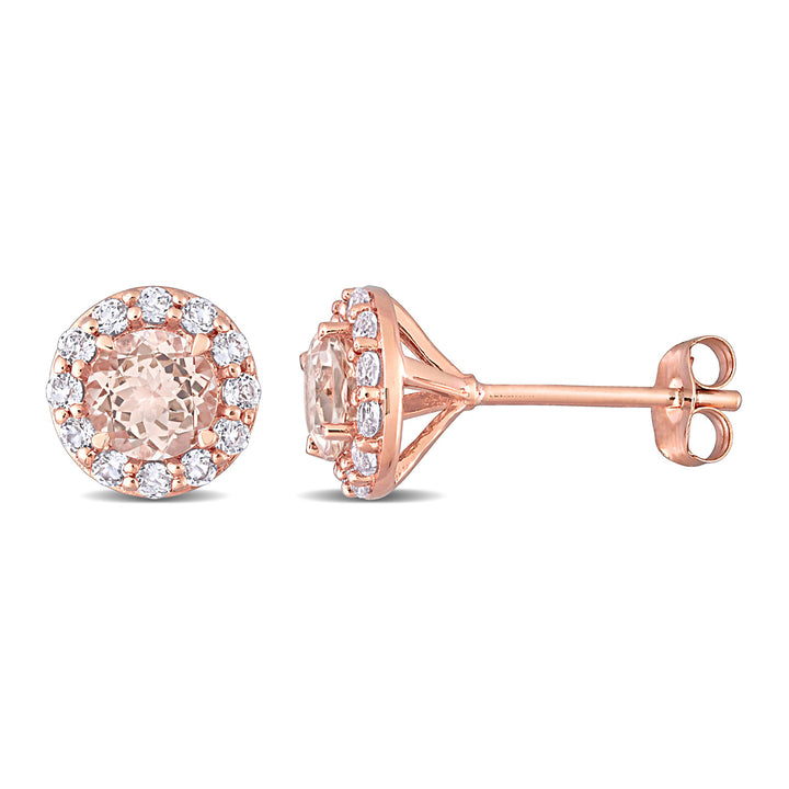 1.68 Carat (ctw) Morganite and White Topaz Halo Earrings in 14K Rose Pink Gold with Diamonds Image 1