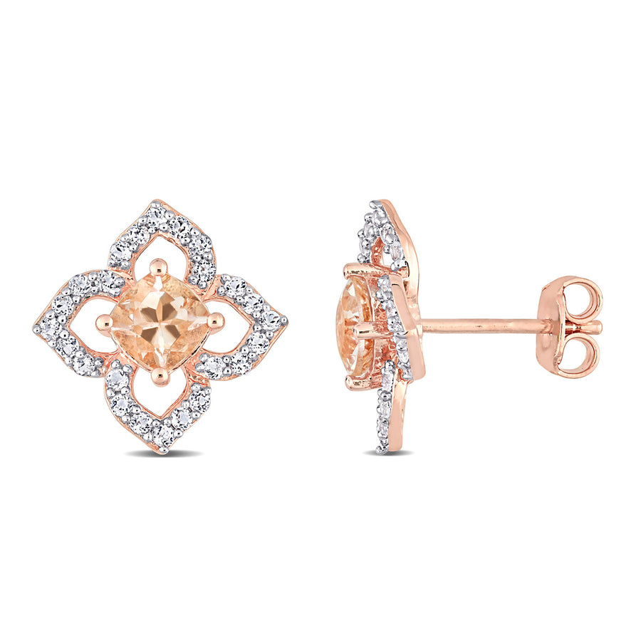 1.60 Carat (ctw) Morganite and White Topaz Floral Earrings in Rose Plated Sterling Silver Image 1