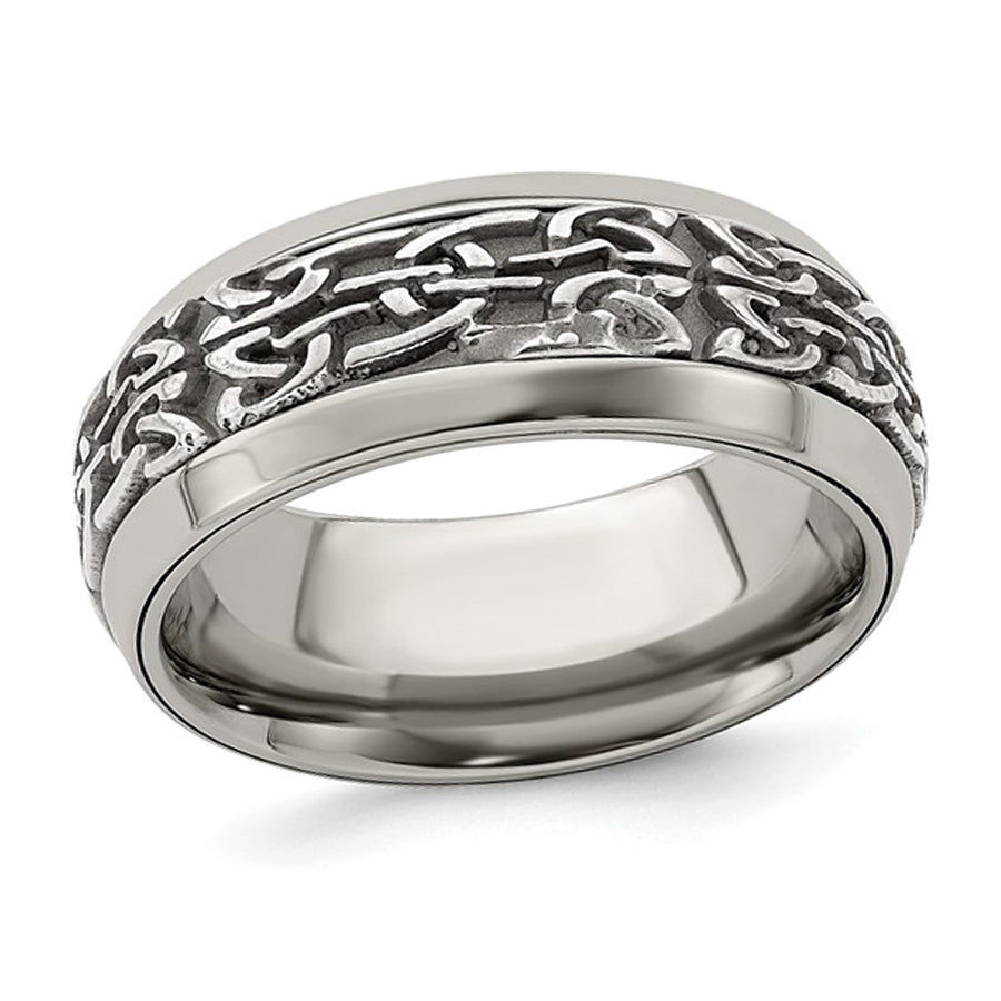 Mens Stainless Steel and Titanium 9mm Pattern Band Ring Image 1