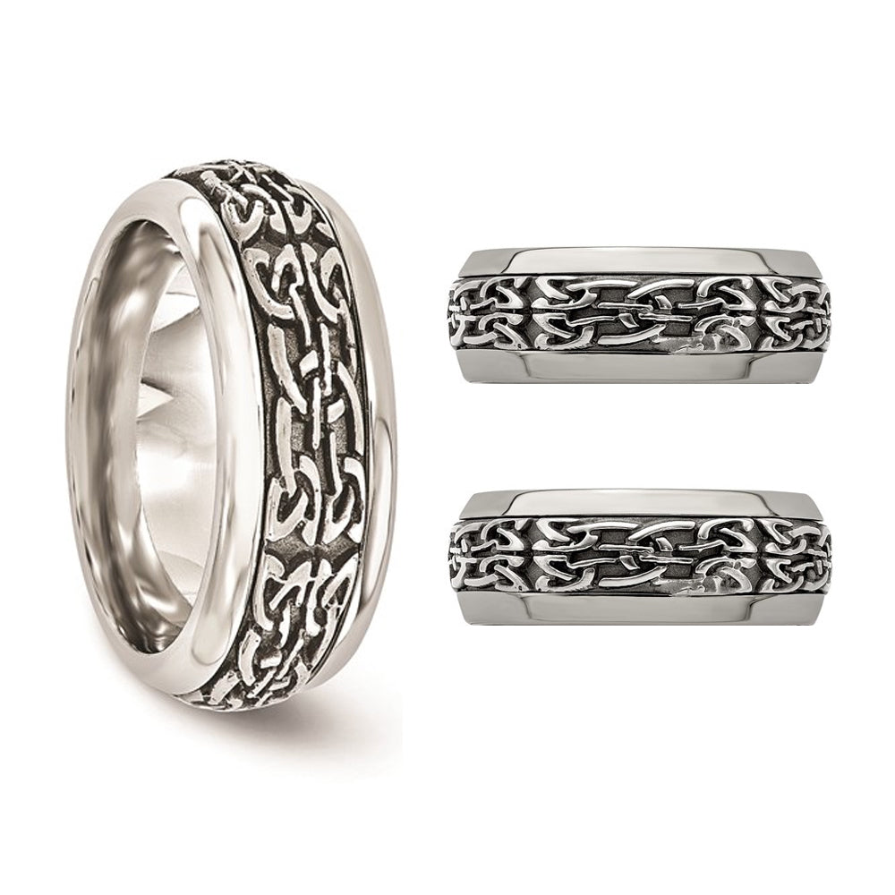 Mens Stainless Steel and Titanium 9mm Pattern Band Ring Image 3