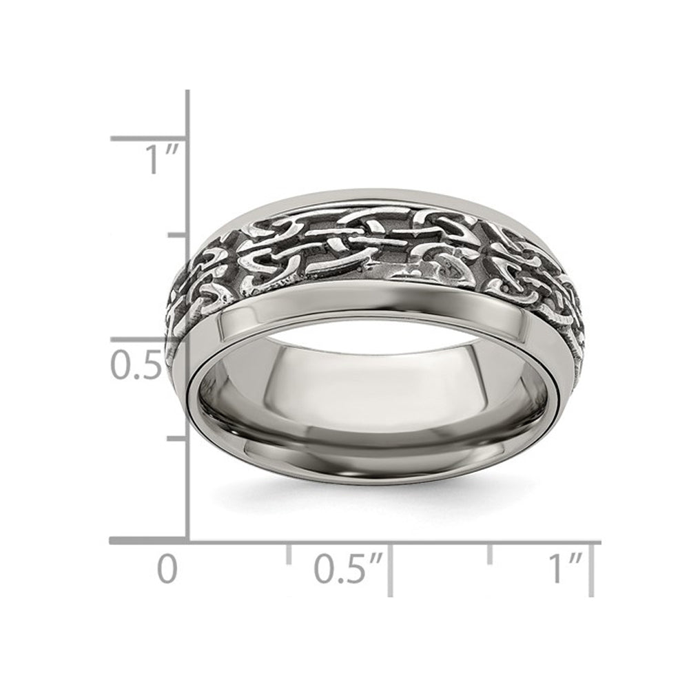 Mens Stainless Steel and Titanium 9mm Pattern Band Ring Image 4