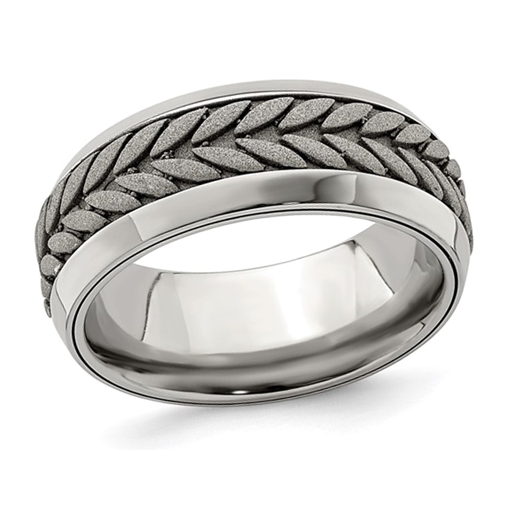 Mens Stainless Steel 9mm Beveled Pattern Band Ring Image 1