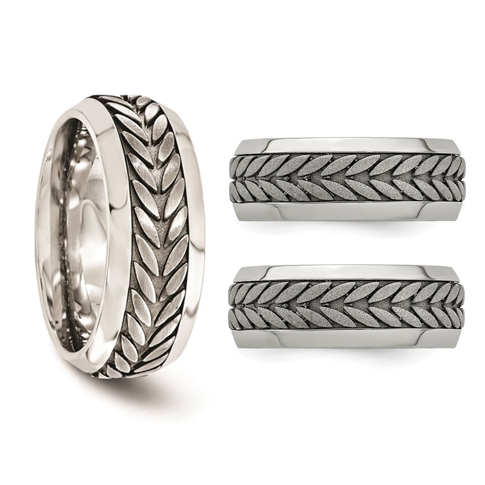 Mens Stainless Steel 9mm Beveled Pattern Band Ring Image 2